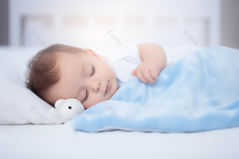 盖着蓝色小被子和玩具娃娃一起睡觉的外国婴儿,高清,摄影图,摄影图片,图片大全,摄影图免费下载